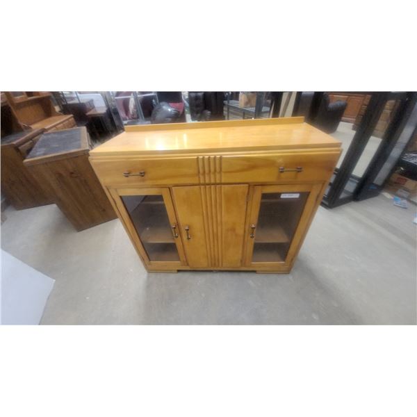 Art Deco Style Wooden Sideboard with Glass-Front Doors and Central Drawer 38 x 44 x 16"