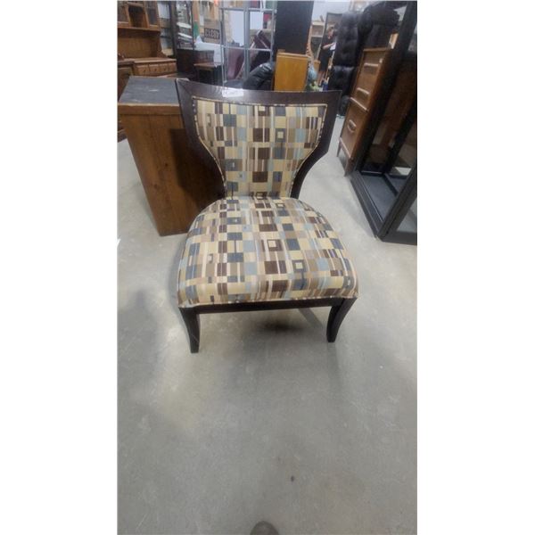 Armless Accent Chair with Geometric Upholstery in Blue, Brown, and Tan Tones