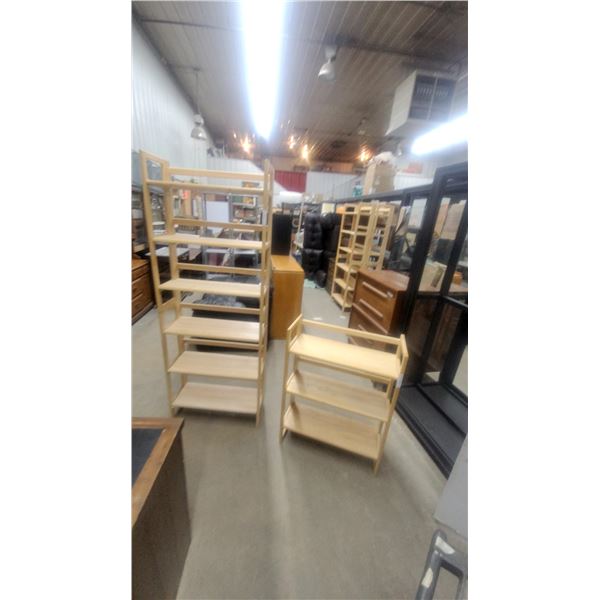 Natural Finish Wooden Ladder-Style Shelving Units, Six-Shelf and Three-Shelf Set