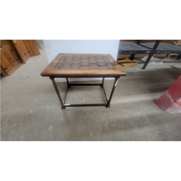 Wooden Side Table with Hexagonal Patterned Top and Faux Bamboo Legs21 x 28 x 22"