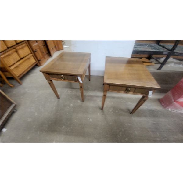 Pair of Mid-Century Modern Wooden End Tables with Reeded Drawer Fronts and Brass Ring Pulls