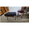Image 1 : Dark Wood Upholstered Bench with Curved Saber Legs and Brass Sabots and Drop-Leaf Side Table