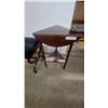 Image 5 : Dark Wood Upholstered Bench with Curved Saber Legs and Brass Sabots and Drop-Leaf Side Table