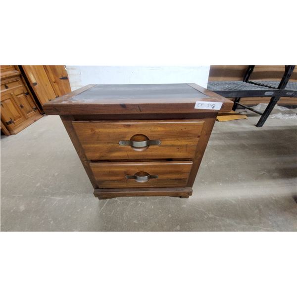 Rustic Wooden Two-Door Nightstand with Stone Top and Metal Pulls 24 x 25 x 16"