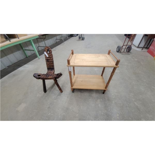 Rustic Carved Wooden Birthing Chair with Textured Surface and Heart Cutouts and Stand/Rack