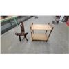 Image 1 : Rustic Carved Wooden Birthing Chair with Textured Surface and Heart Cutouts and Stand/Rack