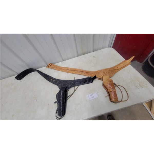 Two Tooled Leather Western Gun Belts with Holsters and Bullet Loops, Black and Natural Tan