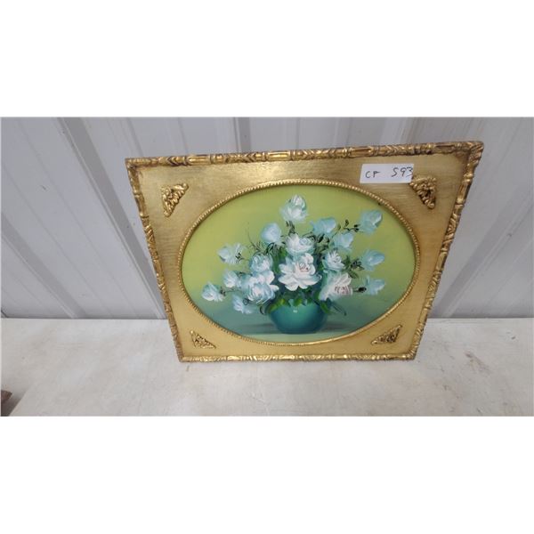 Oil Painting on Canvas, White Roses in Teal Vase, Ornate Gilded Frame with Oval Opening 15 x 18"
