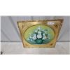 Image 1 : Oil Painting on Canvas, White Roses in Teal Vase, Ornate Gilded Frame with Oval Opening 15 x 18"