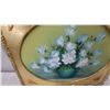 Image 2 : Oil Painting on Canvas, White Roses in Teal Vase, Ornate Gilded Frame with Oval Opening 15 x 18"