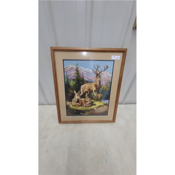 Framed Needlepoint Deer Family in Mountain Landscape with Wood Frame and Beige Mat21 x 25"
