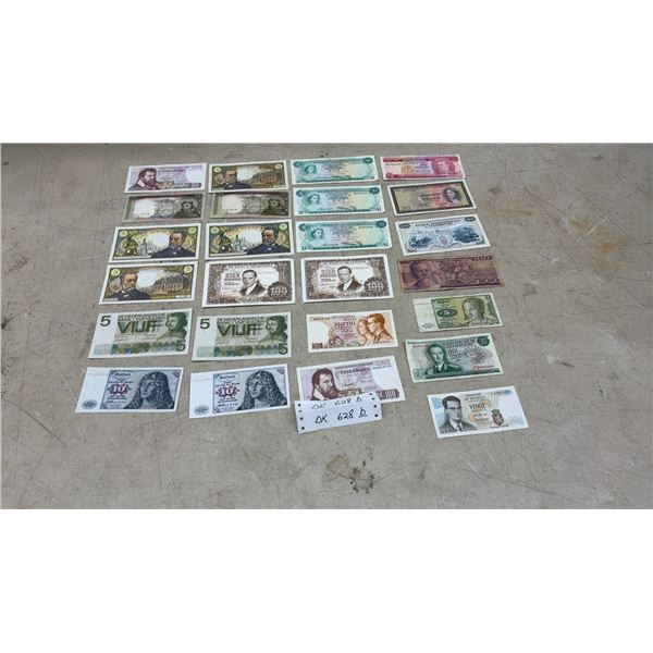 Collection of Vintage International Banknotes from Europe, Bahamas, Mexico, and More