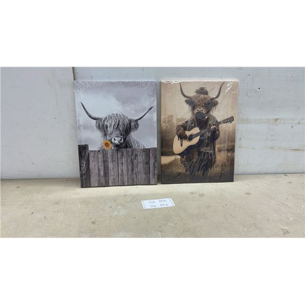 Set of Two Highland Cow Canvas Wall Art Prints on Wooden Stretcher Frames, 16 x 12"