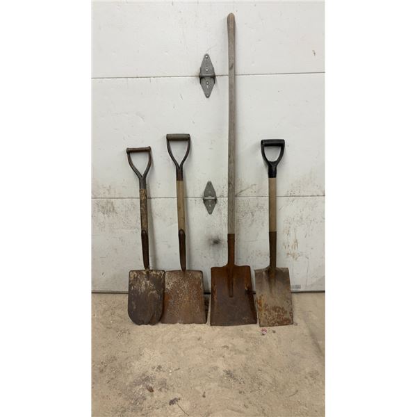 Lot of Four Flat-Blade Transfer Shovels with D-Handle and Long-Handle Styles and More