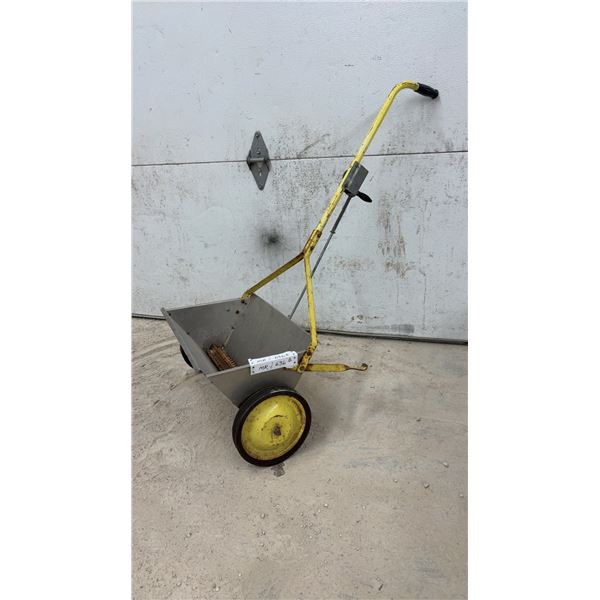 Walk-Behind Manual Drop Spreader with Galvanized Steel Hopper and Yellow Frame