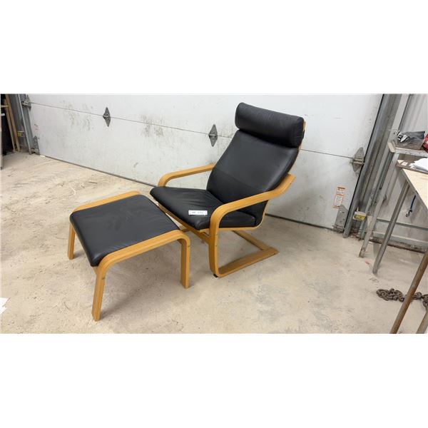IKEA Poäng Bentwood Lounge Chair with Black Leather / Leather Style Cushion and Matching Ottoman