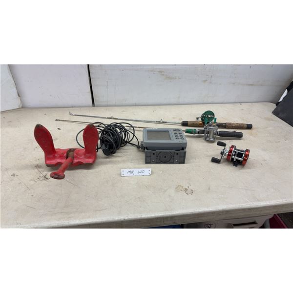 Eagle FishMark 480 Fish Finder with Transducer, Fishing Rods, Reels, and 10 Pound Anchor