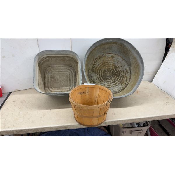 Galvanized Square Wash Tub, Round Wash Tub, and Wooden Bushel Basket