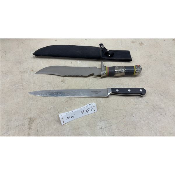 Ornate Fixed-Blade Bowie Knife with Sheath and Calphalon Classic Slicer Knife