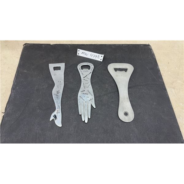Three Aluminum and Branded Bottle Openers Including Bayco Cast Metal and More