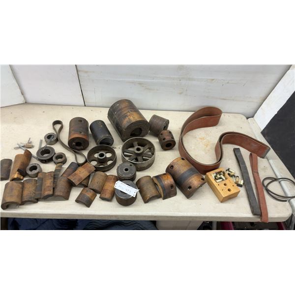 Vintage Industrial Cast Iron Pulleys, Wooden Journal Bearings, Drive Belts, and More
