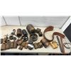 Image 1 : Vintage Industrial Cast Iron Pulleys, Wooden Journal Bearings, Drive Belts, and More
