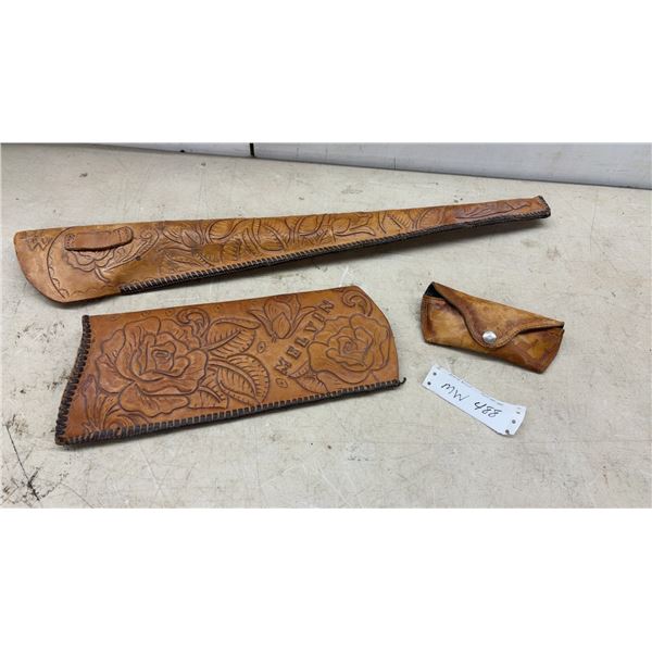 Hand-Tooled Western Leather Rifle Scabbard, "Melvin" Buttstock Cover, and Sunglasses with Case