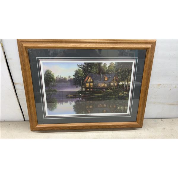 Kim Norlien "Cabin Fever" Oak Framed Print of Log Cabin by Lake, 19 x 25"