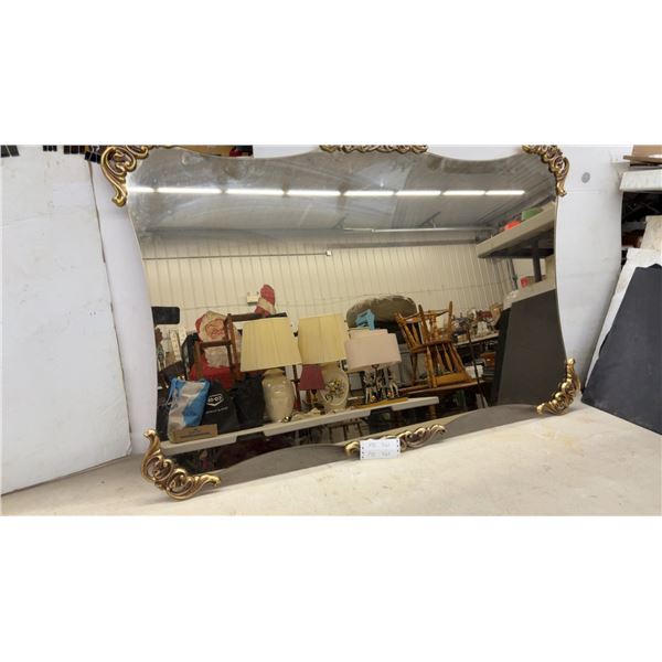 Vintage Beveled Bronze Wall Mirror with Gold-Tone Rococo Scrollwork Corner Accents, 33 x 51"
