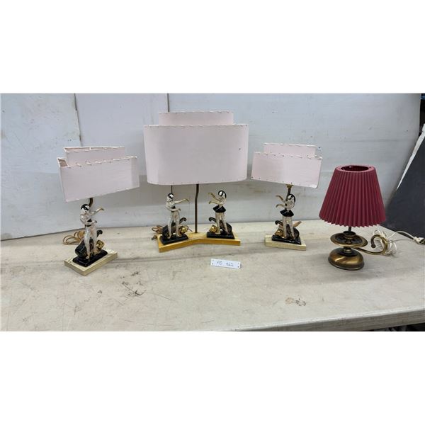 Set of Three Vintage 1950s Artmark Harlequin Masquerade Dancer Figural Lamps, 21 & 17" High & Brass