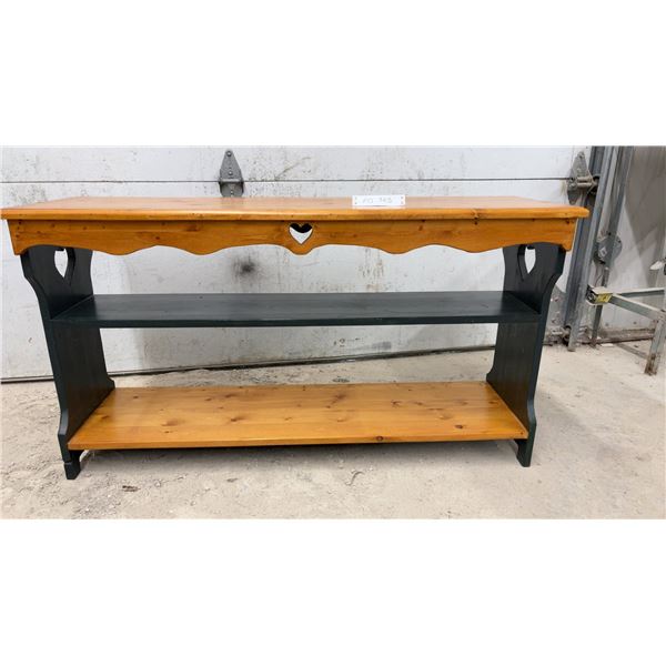 Two-Tone Knotty Pine Console Table with Heart Cutouts and Scalloped Apron, 24 x 14 x 44"