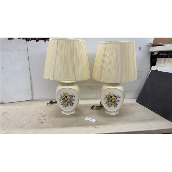 Pair of Vintage Iridescent Ceramic Floral Bouquet Table Lamps with Pleated Shades, 30" High