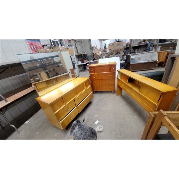 Mid-Century Modern Maple Dresser 33 x 50 x 17" with Mirror 32 x 42" and Matching Tall Chest
