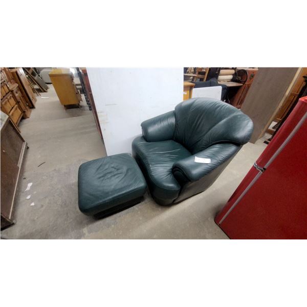 Dark Green Leather Overstuffed Armchair with Matching Ottoman Swivels
