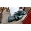 Image 1 : Dark Green Leather Overstuffed Armchair with Matching Ottoman Swivels