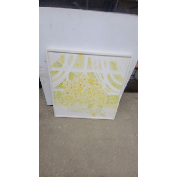 Framed Floral Still Life Painting of Yellow Daisies with Abstract Trellis Design 37 x 37"