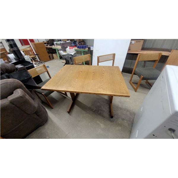 Danish Modern Oak Drop-Leaf Trestle Dining Table 30 x 48 x 36" with Four Cane-Back Chairs plus Leaf