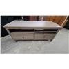 Image 1 : Taupe Wooden Two-Drawer T.B Stand with Two Open Cubbies 22 x 42 x 19"