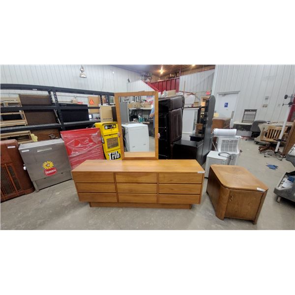 Mid-Century Modern Oak Dresser 26 x 16 x 72" with Mirror 40 x 24" and Nite Stand