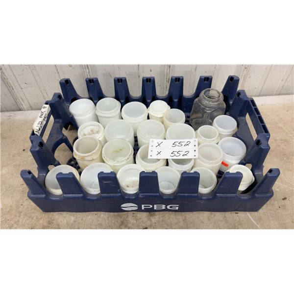 Lot of 23 Vintage Milk Glass Jars with a Clear Glass Jar in PBG Crate