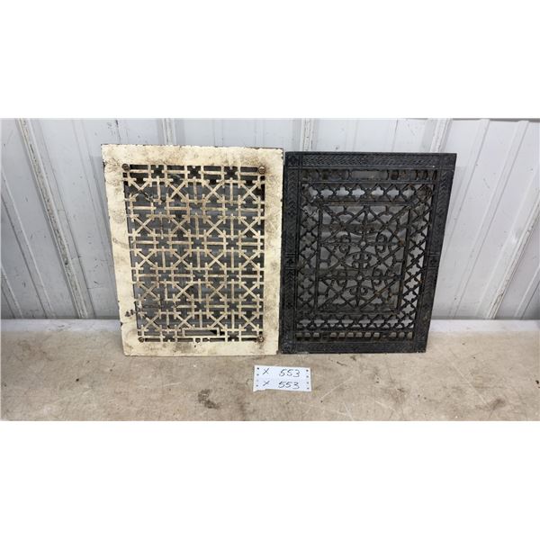 Two Antique Cast Iron Floor Register Grates with Geometric and Scroll Patterns