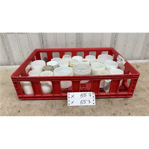Collection of Vintage Milk Glass Jars Including Pond's, in Red Plastic Crate
