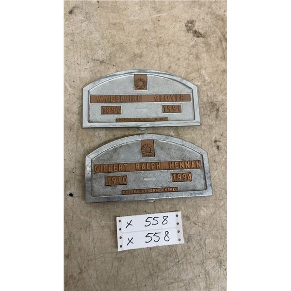 Two Doyle's Funeral Chapel Metal Grave Marker Plaques, Glover and Hennan