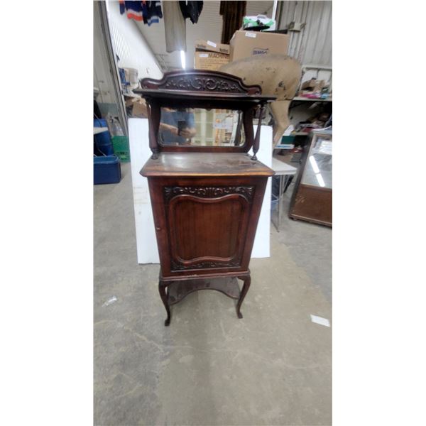 Antique Victorian Carved Mahogany Music Cabinet with Beveled Mirror Back 53 x 14 x 20"