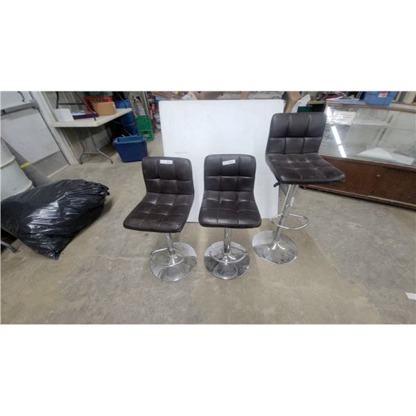 Set of Three Dark Brown Tufted Faux Leather Adjustable Swivel Bar Stools with Chrome Bases