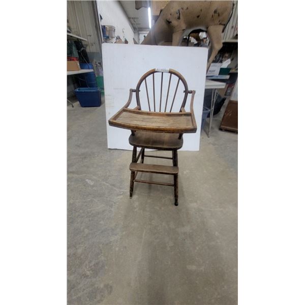 Antique Windsor-Style Spindle Back Wooden High Chair with Tray and Footrest