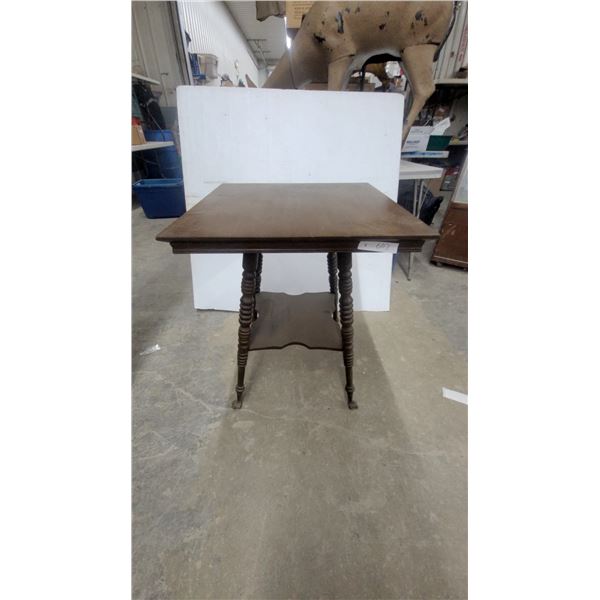 Antique Oak Parlor Table with Turned Legs, Glass Ball and Claw Feet, and Lower Shelf 30 x 30 x 24"