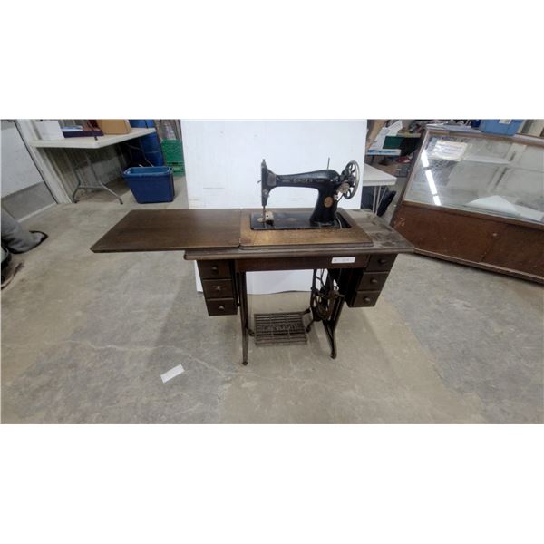 Singer Treadle Sewing Machine in Wooden Cabinet with Cast Iron Stand