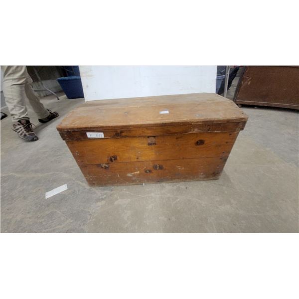 Vintage Wooden Storage Chest with Hinged Lid and Metal Carrying Handle Believe Pine