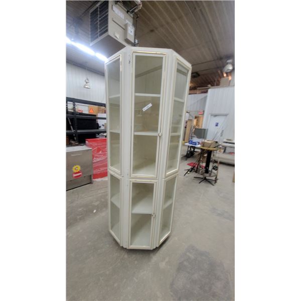 Cream-Colored Corner Curio Cabinet with Glass Doors and Gold Trim 84 x 24 x 24"